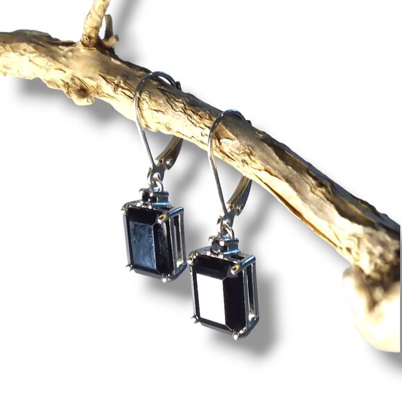 BBJ 925 Sterling Silver Dangle Earrings Black Onyx Emerald Cut Lever Backs - Picture 11 of 11